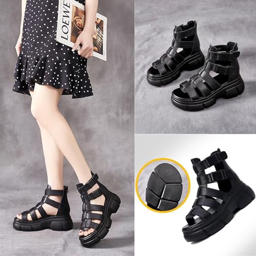 Optigard Women's Leather Platform Gladiator Sandals with Back Zipper, Open Toe Non-Slip High-Top Fisherman Sandals Comfortable Chunky Dress Party Roman Shoes3