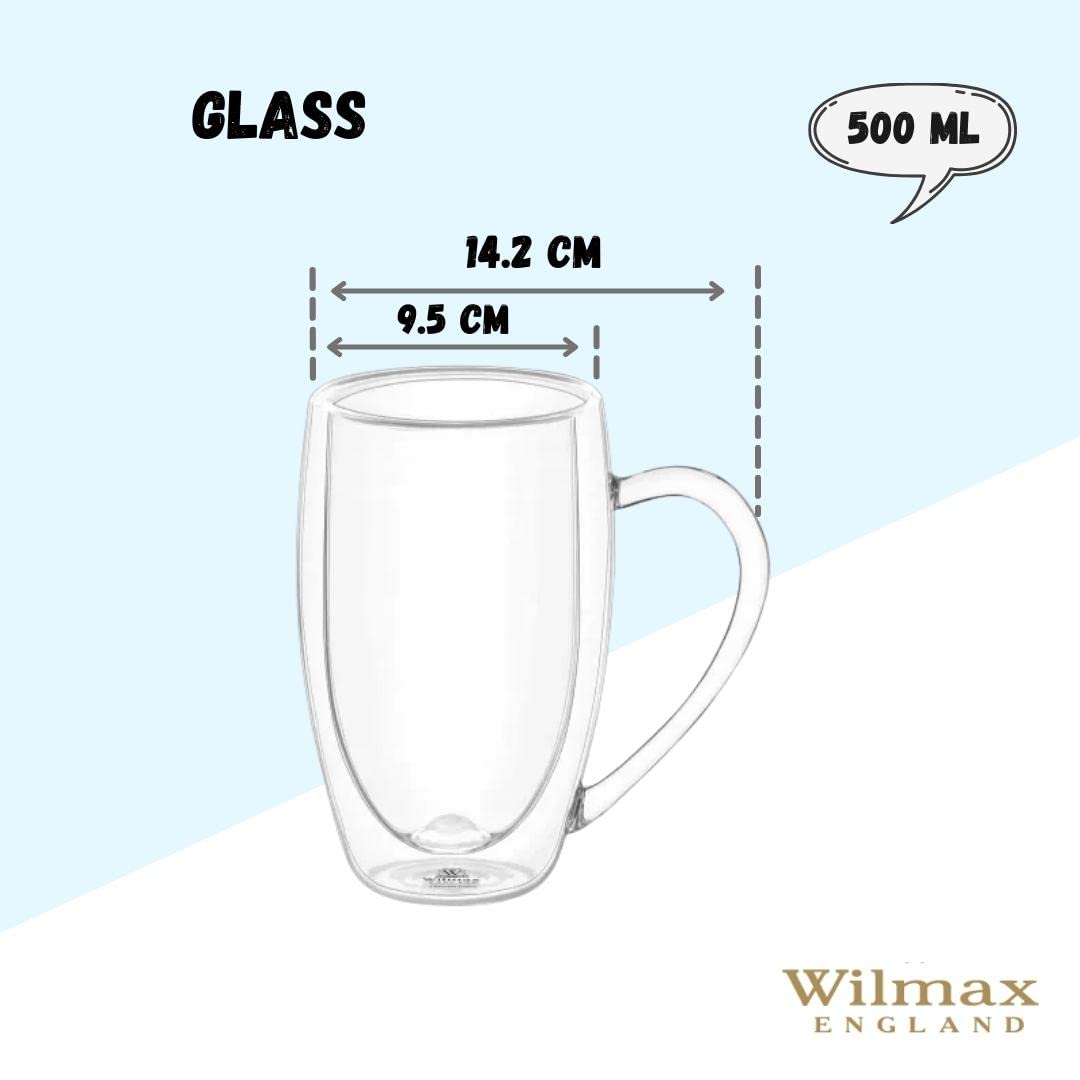 Wilmax | Doppelwandige Thermogläser mit Henkel | 6er-Set | 500 ml | Latte Macchiato Gläser Set | Cappuccino Gläser mit Henkel | Kaffeegläser | Teegläser | Trinkgläser | Thermotassen