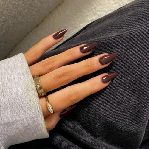 KQueenest Fall Nails - 48 Pcs Almond Press On Nails, Medium Length, Dark Brown, Solid Color, Stiletto, Gel Stick Ons for Women's Finger Decoration
