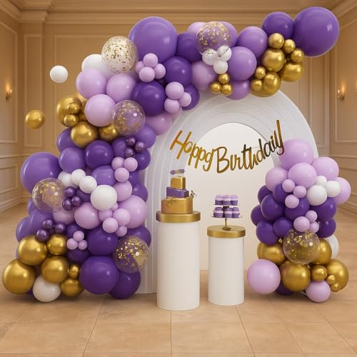 Image of Happy Birthday Decoration Items Set - 54 pcs | Purple Theme Kit with Golden & Lavender Balloons, Birthday Banner, Tape & Glue | All-in-One Party Decor Kit