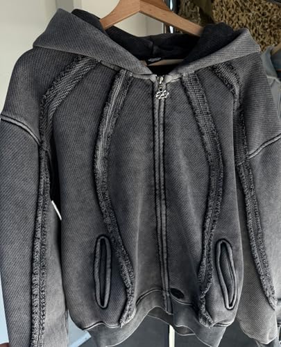 Oversized men's zipper long sleeved retro hoodie with pockets, pickled street style top3