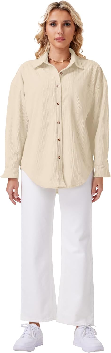 Womens Corduroy Button Down Shirts Long Sleeve Oversized Boyfriend Casual Blouses Tops - Image 4