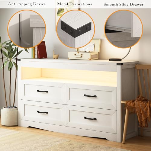 Image of Wodeer White Dresser for Bedroom, Wood 4 Drawer Dresser with LED Light, Dressers & Chests of Drawers with Metal Handles, Storage and Organization for Bedroom, Hallway, Entryway