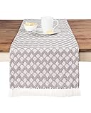 Sticky Toffee Cotton Woven Table Runner with Fringe, Scalloped Diamond, Gray, 14 in x 72 in