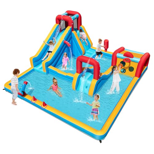 COSTWAY Inflatable Water Park 9 in 1 Giant Kids Bouncy Castle with Double Slides Climbing Wall Splash Pools Water Cannon Outdoor Blow Up Bounce House for 3-12 Years Old (without blower)