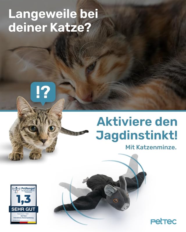PetTec - Plush Toy Murciélago Juguete interactivo para el autoempleo - Gato de peluche portátil y recargable con USB-C incl. hierba gatera - Despierta el instinto de caza con pitido y alas