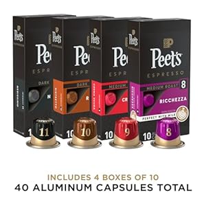 Peet's Coffee, Dark and Medium Roast Espresso Capsules Variety Pack, Compatible with Nespresso Original Machine - Intensity 8-11, 40 Count (4 Boxes of 10 Espresso Capsules) Peets Coffee Dark and Medium Roast Espresso Capsules Variety Pack Compatible with Nespresso Original Machine Intensity 8 11 40 Count 4 Boxes of 10 Espresso Capsules