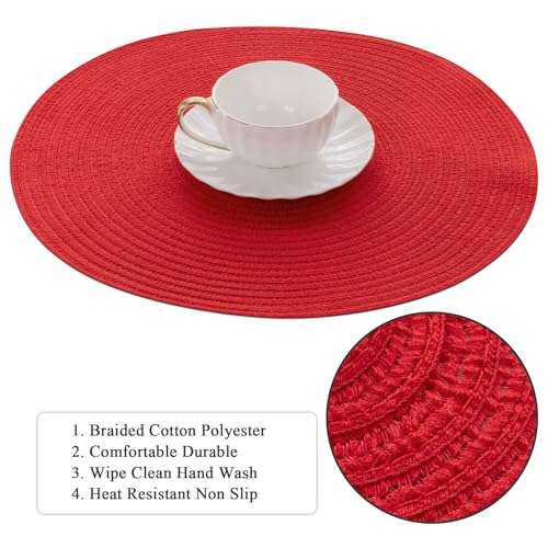 Image of SHACOS 15 inch Round Placemats Set of 6 Braided Non Slip Washable Place Mats for Dining Tables Kitchen Table Mats Home Wedding Party Decor (Red, 6)