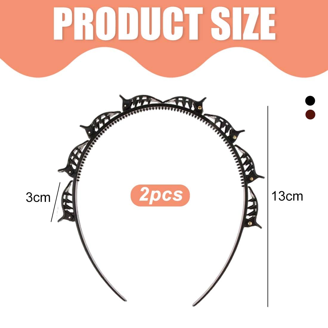 2 Pcs Cerchietti Per Capelli Con Fermagli Cerchietto A Forcina Fermagli Per Capelli Intrecciati Doppia Frangia Forcine Per Acconciatura(Nero,Marrone Scuro)