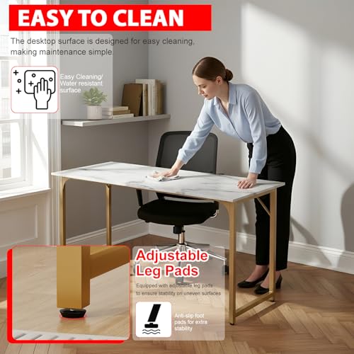 Image of PayLessHere | 55 Inch Computer Desk | White Gold | Office Desk with Metal Frame, Adjustable Feet | Water-Resistant, Scratchproof Surface | Sturdy Writing Table for Home Office or Study | Pack of 1