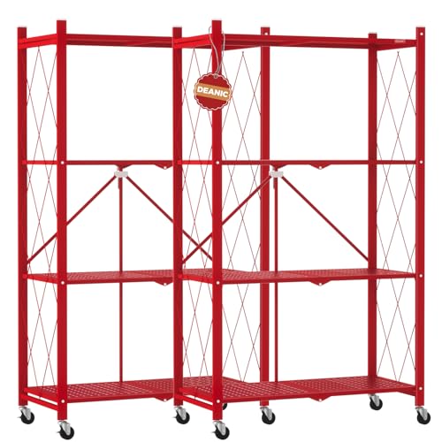 Image of DEANIC 4 Tier Foldable Storage Shelves with Wheels, Large Capacity Shelving Unit, Freestanding Metal Wire Shelf Rack, No Assembly Organizer Rack for Garage Kitchen, Basement, Pantry(Red Pack of 2)