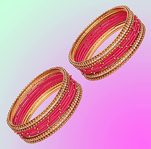 Image of NMII Non-Precious Metal with Base Metal and Zircon Gemstone Studded Ball Chain Linked Glossy Finished Silk thread Bangle set for Women and Girls