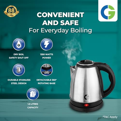 Image of CG - EKSS15 SS 1.5 Ltr Electric Kettle 1350W with Dry Boil Protection, Auto Cut Off, Cool Touch Ergonomic Handle, Double Wall Insulation 2 Yr Replacement Manufacturer Warranty - Black