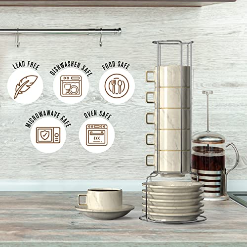 Houseables Espresso Cups And Saucers Set, Marble, Stackable Demitasse Cups With Metal Stand, 13 Pieces, 2.5 Ounce, Porcelain, Tea Kit, Teacups, Turkish Coffee Mug, Organizer Rack, Dishwasher Safe #TOP1