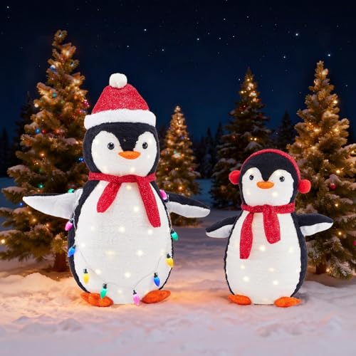 DUMOS 2-Piece Lighted Penguin Family Outdoor Christmas Decoration, Pop up