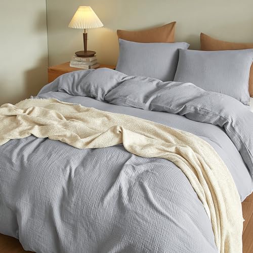 SE SOFTEXLY Muslin Duvet Cover King Size, 100% Washed Cotton Duvet Cover Set, Ultra Soft Comforter Cover Linen Like, 3 Pieces Minimalist Gauze Duvet Cover with 2 Pillowcases, 90"x104", Light Grey
