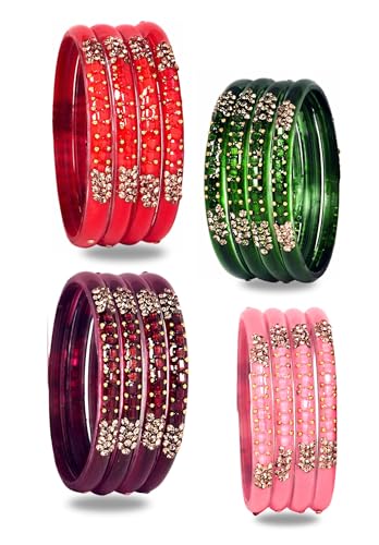 Image of Swara Creations Glass Bangles /Kadas for Women | Studded with Zircon & Golden dots |Fancy smooth finish Kadas | Red,Green,Mehrun,Pink Colors (16Pcs)(SKU296)
