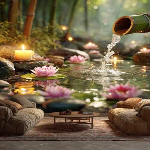 Generisch Papier Peint Panoramique Zen Chambre Salon Cuisine Intissé, Papier Peint Motif Japonais Forêt Lac Fleuri, Deco Murale Zen, 315 x 215 cm