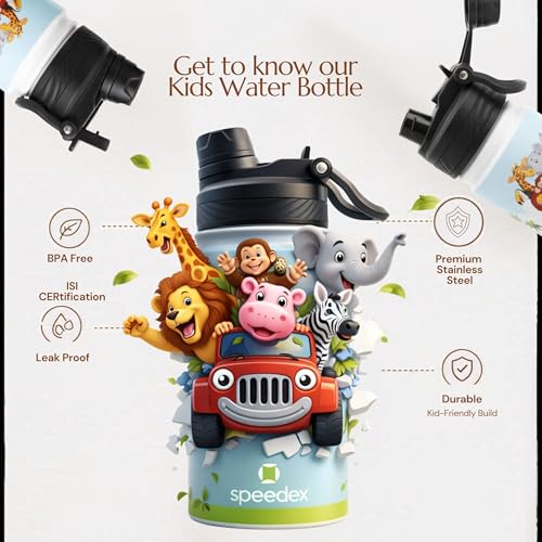 Image of Speedex Jungle Toon 500 Kids Vacuum Insulated Stainless Steel Water Bottle 450 ML | Double Wall Hot & Cold Sipper (Straw + Direct Sip) | Leakproof BPA Free School Water Bottle for Boys & Girls