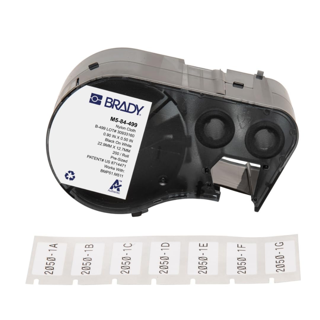 Brady Nylon Cloth Pre-Sized Labels for Label Printer BMP51/BMP53/M511-200 Self Adhesive Printer Labels - Waterproof Tape Printer Labels - Black on White (22.86mm x 12.70mm) - M5-84-499