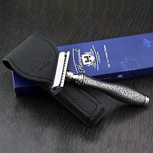 Classic DE Safety Razor Featuring Silver Antique Inspired Handle & Leather Protective Case (No Blades Included) > Retro Wet Shaving for Men | Gent's Grooming Gift