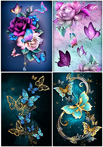 5D Butterfly Diamond Painting Kits,4 Pack Diamond Painting Art Kits for Adults Kids, Flowers Diamond Arts Round Full Drill Paint by Numbers Kits (12x16inches)