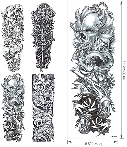 Full Arm Temporary Tattoo, Konsait Extra Temporary Tattoo Black tattoo Body Stickers for Man Women (4 Sheets)