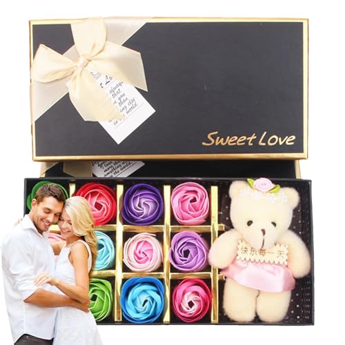 usefulbeauty pétalos de baño - Juego de 12 barras de jabón rosas lindas con oso | Barra de jabón de regalo romántico para el día de la madre,