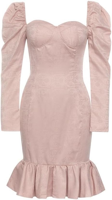 JSEIAJB Bandage Sexy Smear Collar Irregular Long Sleeve Slim Ruffle Dress Women(Small)