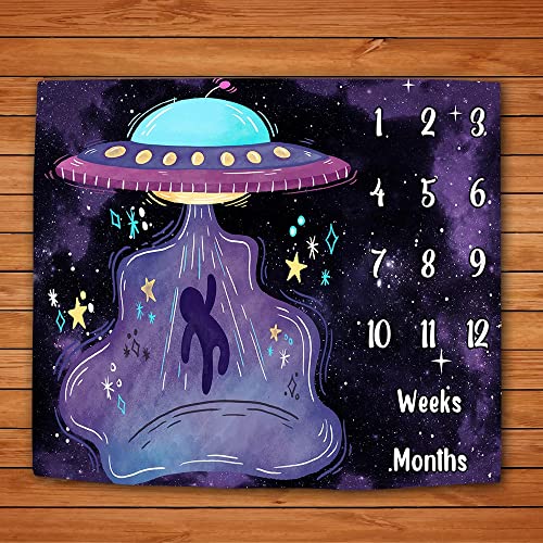 Image of Space Baby Age Blanket, UFO Astronaut Baby Monthly Milestone Blanket Growth Chart Blanket, 48x40 inch Memory Blanket Nurse Receiving Blanket Baby swaddling Blanket BTLSLY259