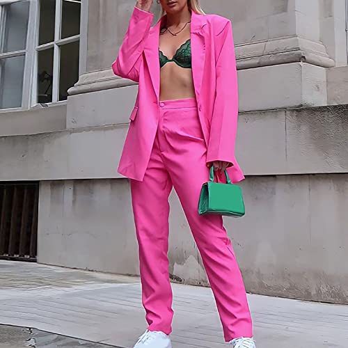 Ababc Women 2 Piece Long Sleeve Solid Suit Double-Breasted Blazer And Floor-Length Flared Pants Casual Business Sets 01 X Hot Pink #TOP4