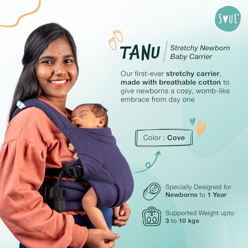 Image of Soulslings Tanu Baby Carrier Cove | Stretchy Baby Carrier for New Born & 0 to 1 Year Baby | Soft Cotton Belt with Ergonomic M Position | Adjustable Infant Carrier with Front & Hip Carry (3-10 Kgs)