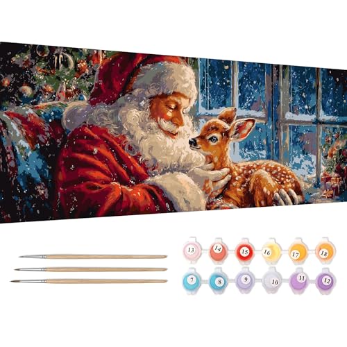 Reofrey Pintura por números adultos grande XXL Navidad – DIY kits de pintura al óleo pintada a mano Papá Noel lienzo 30 x 80 cm, con pincel y pintura acrílica – Pintura por números para niños