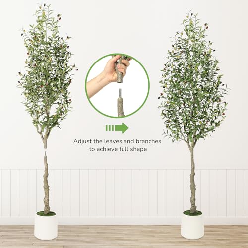 Artificial Olive Tree 7FT Tall Faux Olive Tree Indoor Fake Silk Plant with Realistic Trunk, Leaves, Fruits and White Planter, Faux Potted Tree for Home Decor and Housewarming Gift, 1 Pack