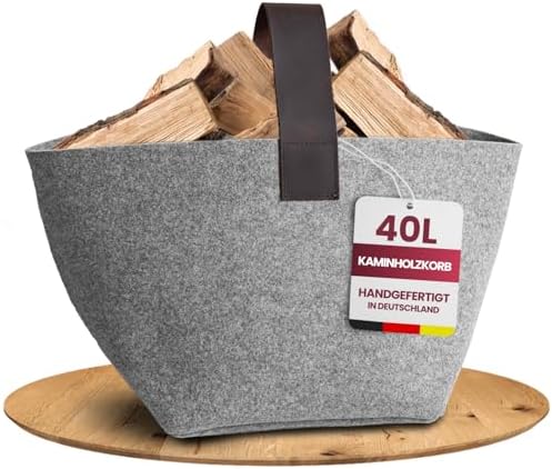 Designer Kaminholzkorb Filz aus Premium Wollfilz [40L] - Made in Germany Holzkorb für Kaminholz mit Echtlederhenkel - Feuerholzkorb standfest und stabil (Hellgrau - 40L)