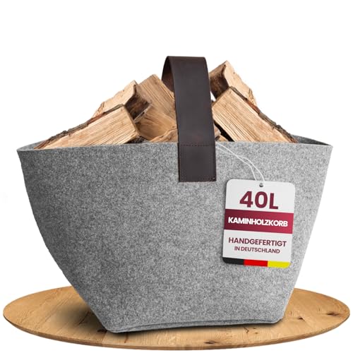 Panier à bois de cheminée en feutre rPET et cuir véritable haut de gamme
