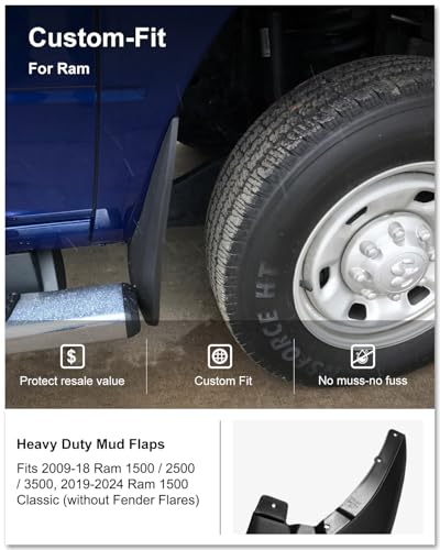 Image of KIWI MASTER Mud Flaps for 2009-18 Dodge Ram 1500 /2500 /3500, 2019-2024 Ram 1500 Classic (Without OEM Fender Flares, Single Rear Wheels), Heavy Duty Front & Rear Mud Guards, No Drill, 4 Pcs Set