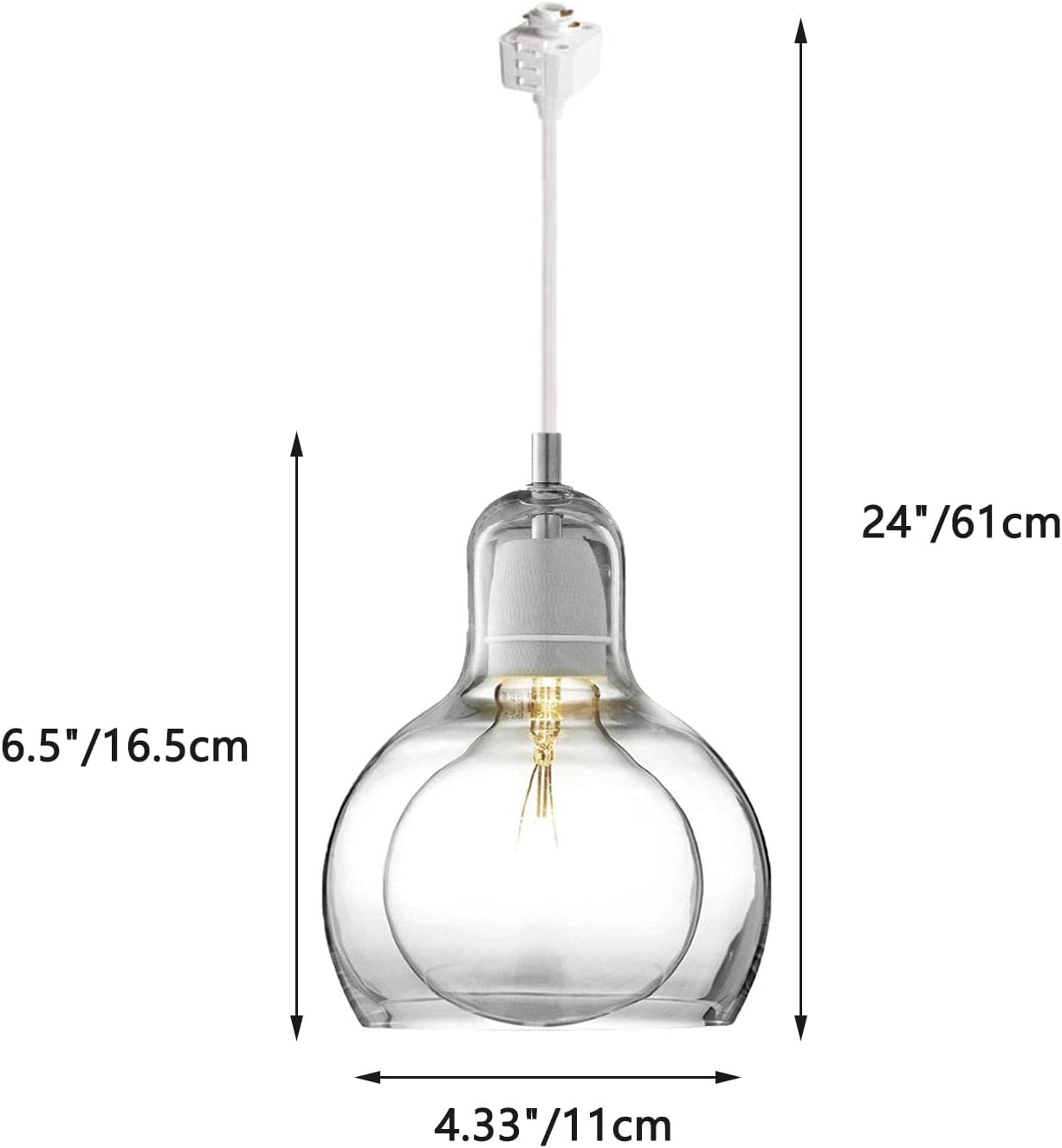 Kiven H-Series Track Lighting Kitchen Pendant Light Clear Glass Shade Industrial Hanging Lamp,Total Length 24 Inches-1 Light