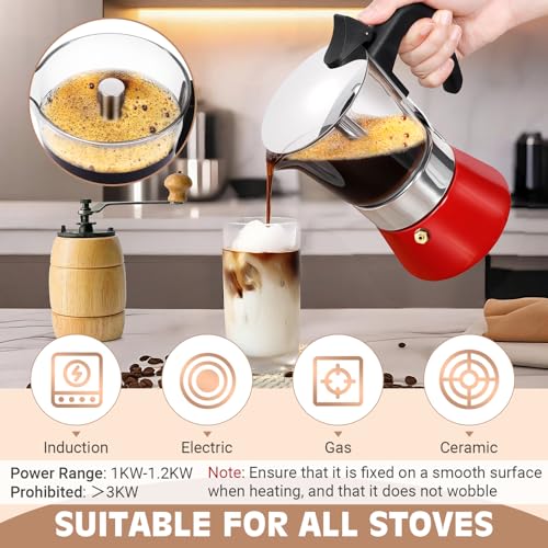Image of Induction Moka Pot, 6 Cups (10.6 oz) Crystal Glass-Top & Stainless Steel Moka Pot, Classic Stovetop Espresso Maker, Red