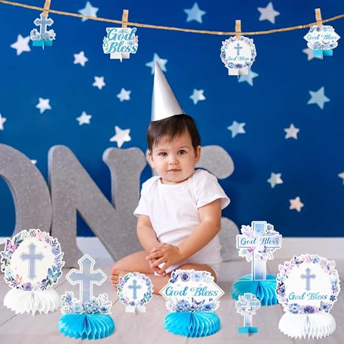 Image of ANGOLIO 12Pcs Baptism Honeycomb Centerpieces Birthday Party Decor, Summer Blue Purple God Bless Cross Religious Baptism Table Centerpieces for Baby Shower First Communion Gender Neutral Decorations