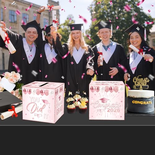 Image of Pink Graduation Congrats Card Box, Class of 2026 Rose Gold Graduation Party Decorations Money Card Boxes Holder, Graduation Gift Card Box for Grad Parties Supplies 8.7 x 8.7 x 8.7 Inch