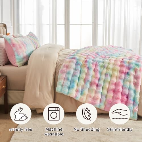 Image of EMME Faux Rabbit Fur Bubble King Blanket, Tie Dye Rainbow 108 inch x 90 inch