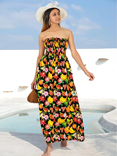 La Leela Women's Boho A Line Slit Maxi Dress Smocked Top Evening Long Strapless Tube Dresses For Women One Size Obsidian, Fruits #TOP3