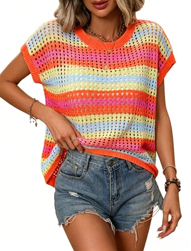 Image of Crochet Tops for Women Spring Summer Shirts Cute Mesh Top Cap Sleeve Cover Up Pullover Sweater Beach Vacation Clothes