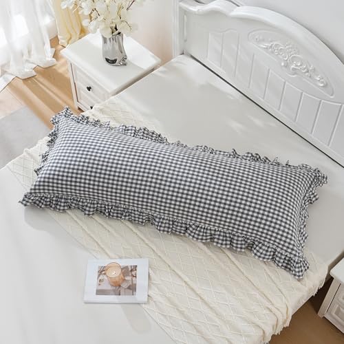Grey/White Plaid Ruffled Checkered Body Pillow Sham 20x54 inches 1 Piece, Washed Cotton Vintage Farmhouse Bed Body Pillow Cover for Bed/Sofa