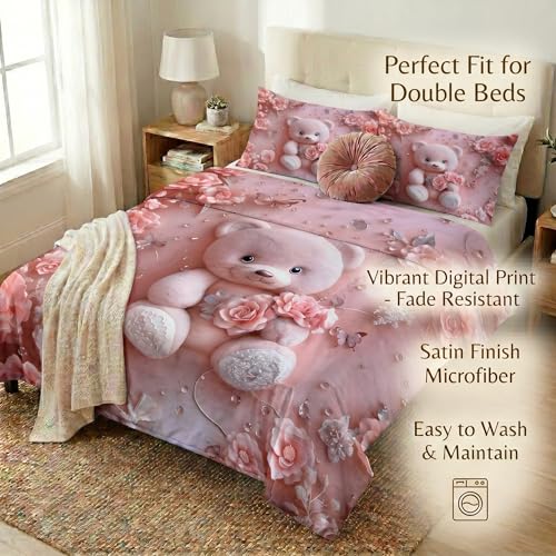 Image of Teddy 7D Printed Bedsheet for Double Bed | Glace Cotton 7D Digital Print | 90x100 Inch (228x254 cm) | 1 Bedsheet + 2 Pillow Covers | Soft, Breathable & Vibrant Colour Bedding Set