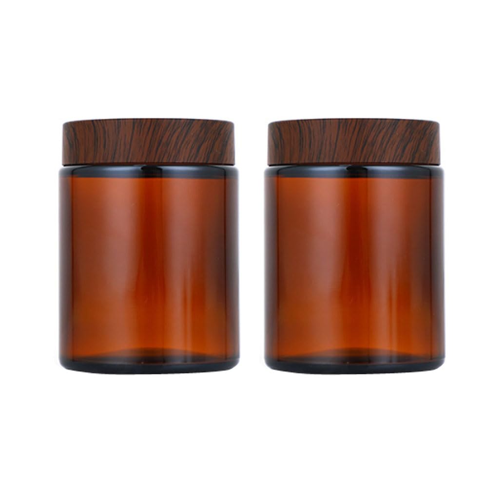 2 Packs 150ml 5oz Amber Glass Jars with Plastic Wood Grain Lid and Inner Liners Refillable Cosmetic Cream Jar Cosmetic Storage Containers for Face Cream Balm Lotion DIY Crafts