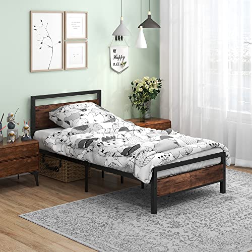 Image of BOFENG Twin Size Bed Frame with Vintage Wood Headboard Farmhouse Bed,Heavy Duty Metal Platform Single Bed Frames No Box Spring Needed,Firm Mattress Foundation Steel Slat Support Easy Assembly(Brown)