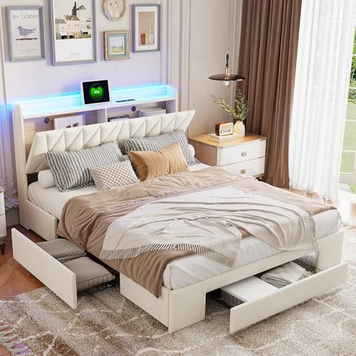 RTYUSWL Lit capitonné, 160 x 200 cm, tête de lit LED, avec fonction de charge USB, lit double, avec 3 tiroirs et sommier à lattes, lit avec sommier à...