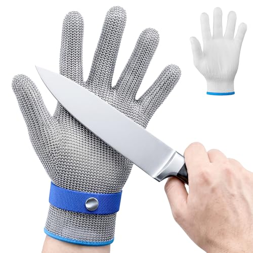 Schnittschutzhandschuhe, Lebensmittelqualität Level 9 Schutz Edelstahl Draht Metall Mesh Arbeitshandschuhe, Kettenhandschuh Schnittfeste Handschuhe+Ininnenhandschuhe for Küche Mandolinenschneiden, 9/L